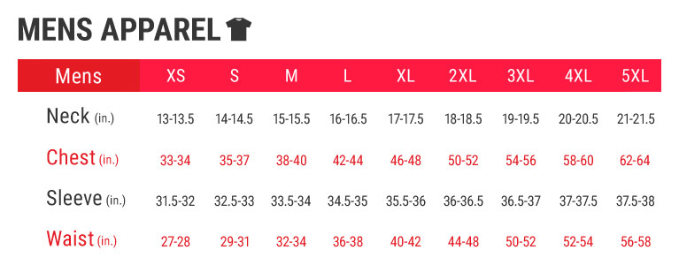 Mens Apparel Size Charts